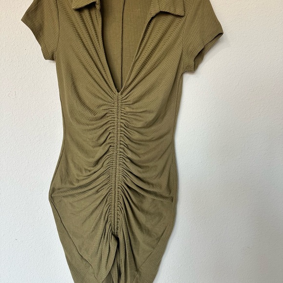 Olive Green Ruched Collared Dress - Picture 3 of 3